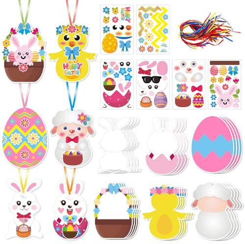 Wooden Easter Decorations, Easter Crafts for Kids, Easter Crafts, Easter Eggs Shape Wooden Slices with Ropes, Markers Pen and Stickers, for Kids Adults DIY Easter Crafts Party Supplies (72 Piece Set)