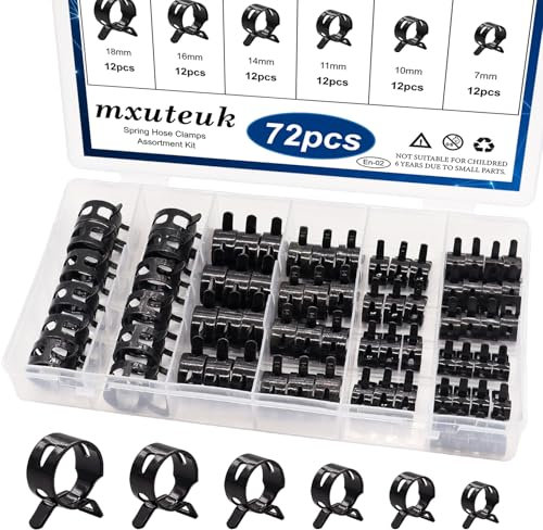 mxuteuk 72Pcs Spring Hose Clamps Fuel Line Silicone Vacuum Hose Low Pressure Air Clamps & Sleeving Automotive Replacement Fastener Assortment Kit 6 Sizes (7mm 10mm 11mm 14mm 16mm 18mm) Black