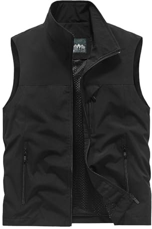 Foweknow Chaleco de verano para hombre, ligero, chaleco de trabajo, verano, fino, con bolsillos con cremallera, cuello alto, chaleco funcional transpirable, para camping, fotografía, Negro , XL