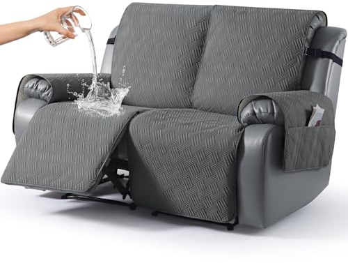 KinCam Funda Sillon Relax reclinable, Impermeable Funda para Sillón Relax con Bolsillo Laterales y Correas elásticas para Perros y Mascotas, Suave y Lavable Funda Sofa 2 plazas Gris carbón