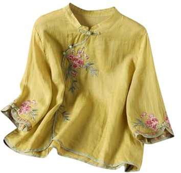 V Shirt Homme Blouse D'été Style Ethnique avec Broderie, Boutonnière Oblique et Boutons à Bascule en Lin pour Femme Manches 3/4 Manches Longues Enfants, jaune, L