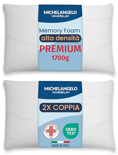 Michelangelo HomeRelax - 2 COPPIA Cuscini ALTI sof15cm in Memory Foam Cervicale Per Dormire Made in Italy DISPOSITIVO MEDICO Ortopedico Ergonomico Anallergico Traspirante Federa Lavabile