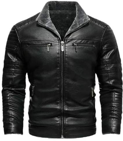 Konstläderjacka för män, varm fleecefodrad, PU-kappa, fritid, dragkedja, ytterkläder, fickor, höst, vinter, tjock kappa, svart 2, XL
