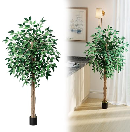 YRHome 150 cm konstväxt i fikusträd – konstgjort träd med naturträstam, realistiska konstgjorda växter som äkta, stor dekorationslins för vardagsrum, kontor och trädgård – konstgjort användbar bukträd