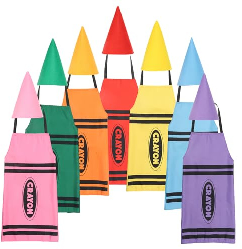 ATopoler 7 Pcs Crayon Costume Set, Funny Crayon Apron and Colorful Cone Hats,Funny Outfit for Halloween Party School Group Family