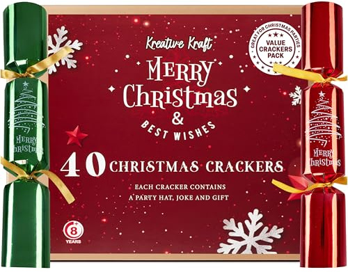 KreativeKraft Crackers di Natale, Pacco da 40 Crackers con Mini Regali e Barzellette Festive all'Interno, Decorazioni Natalizie per Tavola (Rosso Verde)