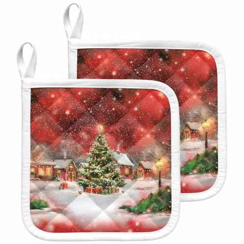 2 Pack Christmas Pot Holders for Kitchen Red View Christmas Tree Hut Light Golden Snowflakes Heat Insulation Potholder for Countertops Oven Pot Holder, Hot Pads for Cooking Baking Barbecue 8x8 inches