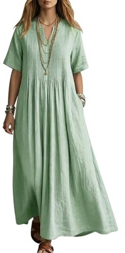 MAGIMODAC Ladies Summer Casual Dresses V Neck Short Sleeve Cotton Tunic Dress Loose Fit Maxi Sundress with Pockets for Beach Vacation