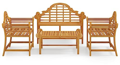 ZQQLVOO 4 Piece Solid Teak Wood Garden Lounge Set with Vintage Style, Outdoor Seating Group with Practical Table and Railings, 110 kg Capacity per Seat