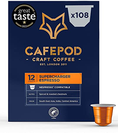 CafePod Espresso Coffee Pods - Compatible with Nespresso Coffee Machine, Intensity 12 with Rich Caramelised Chestnut Notes - Rainforest Alliance Sourced - Supercharger Espresso 108 Capsules