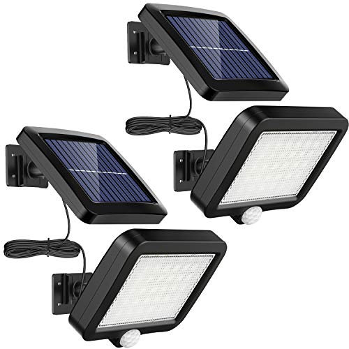 MPJ Lampada solare per esterni, 2 pezzi 56 LED con sensore di movimento, impermeabilità IP65, angolo di illuminazione 120°, da parete per giardino con cavo da 5 m