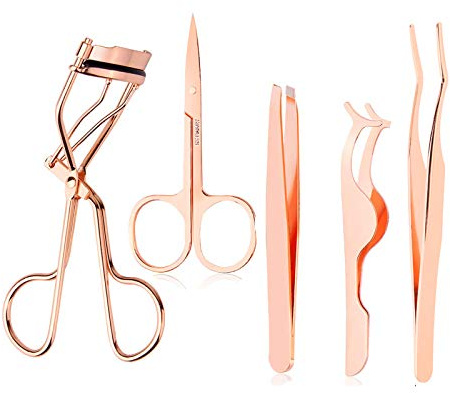 Arroyner 5 Pieces Eyelash Applicator Tool False Eyelashes Applicator Eyebrow Curler Eyebrow Scissors (Rose Golden)