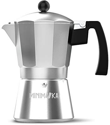 Minimoka 9 - Cafetera italiana, 9 tazas, base y filtro de acero inoxidable, mango ergonómico, válvula de seguridad, cierre de silicona para mayor seguridad, apta para: vitro, eléctrica y gas