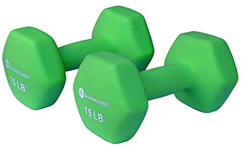 GYMENIST Pair of Dumbbells Set of 2 Soft Non Slip Grip Dumbbells Pair Covered with Neoprene (G306-15), Lime green, 15 lb Pair