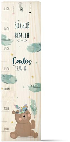 GRAVURZEILE Toise en bois pour enfant - Design Teddy bleu - Avec nom pour chambre d'enfant - Échelle de 80 à 140 cm - Dimensions : 20 x 70 x 2 cm - Cadeau de naissance pour filles et garçons