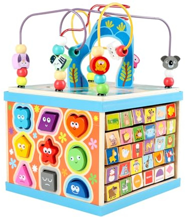 Qilay Wooden Activity Cube for Toddlers, 5 in 1 Multipurpose ABC-123 Abacus Early Educational Montessori Toys, Learning Toys for 3 Year Old | Bead Maze, Great for Boys Girls
