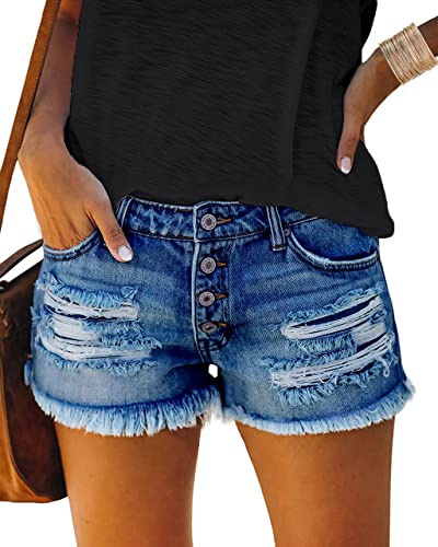 cordat Women's Denim Jean Shorts Ripped Mid Waist Cut Off Sexy Beach Shorts