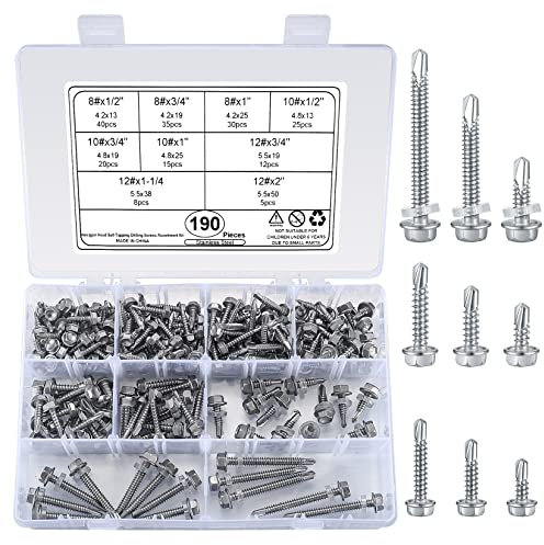 wugongshan 190 Pz Viti a Testa Esagonale Autofilettanti, M4.2/M4.8/M5.5 Viti Autoperforanti con Rondelle, Viti in Acciaio Inox Coda di Rondine Esagonali Esterne con Filettatura Completa per