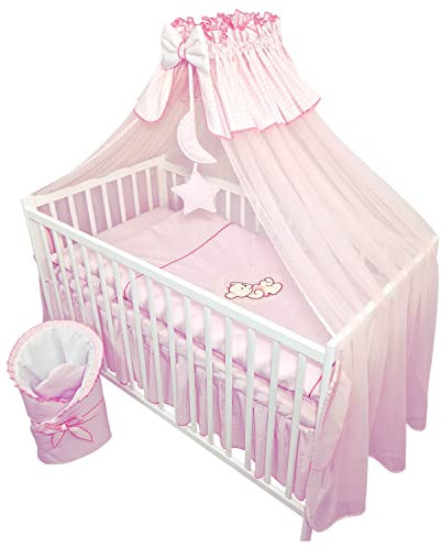 Bello24 13 Teiliges Babybett Kinderbett und Bettwäsche komplett Set Happy Leo inkl. Matratze höhenverstellbar für Neugeborene Babys und Kleinkinder aus Massivholz Bestickt (Teddybär Mond Rosa)