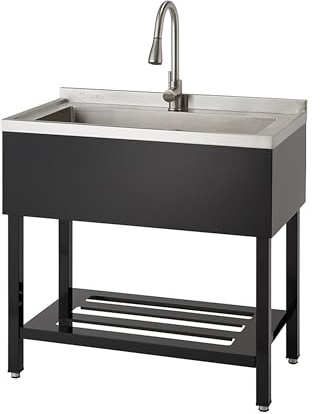 TRINITY Stainless Steel Utility Sink with Pull-Out Faucet, 36x20x49.2”, NSF Certified, Freestanding Single Bowl Commercial-Grade for Garage, Laundry, Food Truck, Black