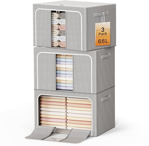 LeArex Clothes Storage Bins with Metal Frame Foldable Storage Box Clothes Organizers Storage Containers for Clothes Sheets Blankets Books Toys Gifts and Holiday Decorations (66Lx3 Pack)