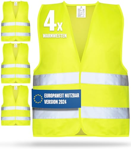 HELDENWERK Warnwesten Auto 4er Set Europaweit gültig nach aktueller Norm 2025 EN ISO 20471 - Reflektierende Warnweste Auto - Sicherheitsweste Gelb - Warnschutzweste - Auto Warnweste für Erwachsene