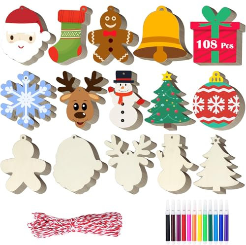 112pcs Wooden Christmas Ornaments Crafts, 10 Shapes Wooden Christmas Tree Decorations with 12 Color Pens, Red and White Twine, Unfinished Wood Baubles Slices for Crafting