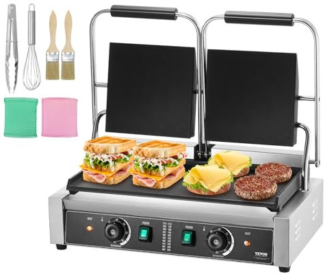 VEVOR Griglia per Panini Piadine Commerciale Elettrico Doppia Pressa per Sandwich Panini in Acciaio Inox, Temperatura Controllata Piastra Dimensioni per Cottura ca. 485x230 mm, Piastra per Panini