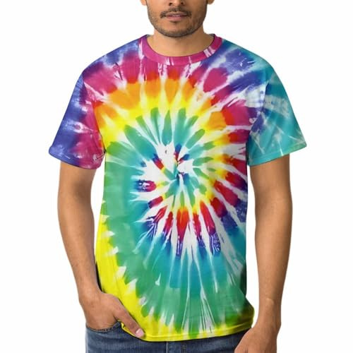 Tie Dye Shirts for Men Women, Unisex Retro 80S Hippies Senior Tie-Dye Tee Tshirt, Colorful Rainbow Crewneck T-Shirts, Tiedye L