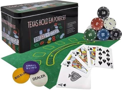 novaease 200 Poker Set Hold'em Poker Casino Game Poker Sets Poker Chips set with Poker Mat & Tin Box Casino Chips & Gambling Cards Poker Set with Mat and Chips Black Jacks Texas Poker Dice Set