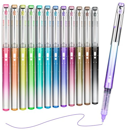 KERIFI Liquid Ink Rollerball Pens, 12 Coloured Pens, Smooth Writing, Quick Dry, 0.5mm Gel Ink Pens for Writing, Journaling, Drawing, High Capacity, No Bleed & Smear Smudge Stationery Supplies
