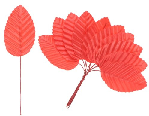 M METERXITY 100-Pack Artificial Silk Leaf Faux Wire Single Leaves Red | Fake Flower Leaf, with Stem, for DIY Bouquet, Wreaths, Wedding, Garland, Party Decorations, Fake Rose Craft Leaves