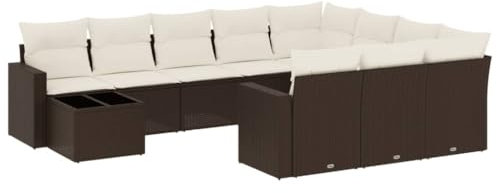 vidaXL Garten Sofa Garnitur 11-TLG., Gartenmöbel Set mit Kissen, Sitzgruppe für Garten Terrasse, Modular Gartensofa Lounge Tisch, Braun Poly Rattan