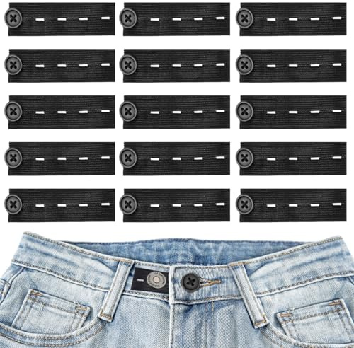 KEYRI 15 Pièces Extenseur Pantalon Ajustables pour Femmes Extensions de Bouton Pantalon élastique de Maternité Ceinture Bouton élastique de Ceinture Réglable pour Hommes Jeans Pantalons (Noir)