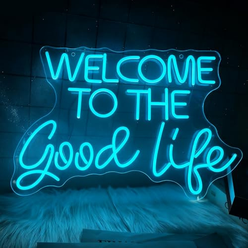 Welcome To The Good Life Neon Schild, LED Blau Neon Sign für Wand Deko, Dimmbare Buchstaben Neonlichter USB Power für Bedroom Pub Home Bar Room Club Party Schlafzimmer Wohnzimmer