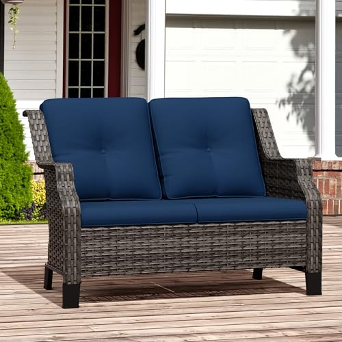 Audumas Outdoor Patio Loveseat, All-Weather 2-Seater Wicker Loveseat with Cushions, Outdoor Patio Love Seat Sofa for Garden, Balcony and Deck