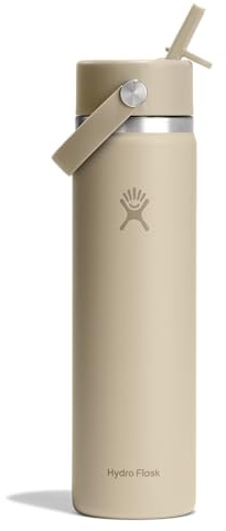 Hydro Flask Water Bottle - Insulated Stainless Steel - Wide Mouth Flex Straw Lid, Non Spill, Leakproof and Refillable in 24 Oz Tonal Oat