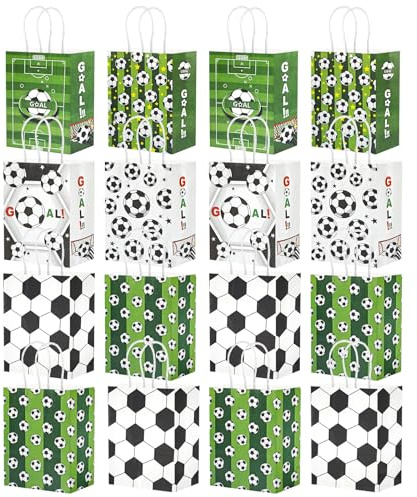 Fotbollspapperspåsar, 16 stycken fotboll presentpåsar, fotbollsfest presentpåsar, fotbollsgoodieväskor, presentpåsar fotboll barns födelsedag, godispåsar (21 × 8 × 15 cm)