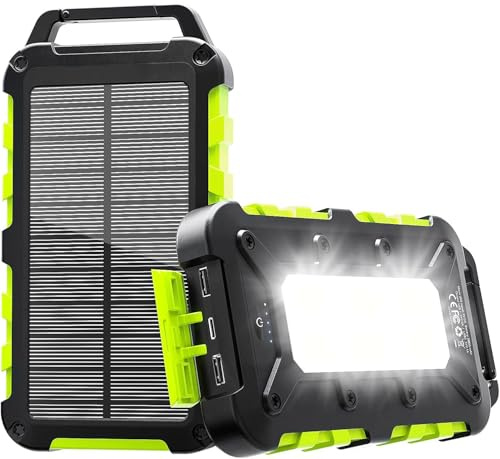 TOENNESEN Cargador Solar 26800 mAh Power Bank Solar, Bateria Externa con Carga Rápida 15 W Impermeable IPX4 2 Puertos USB + Linterna LED Compatible con Smartphones Tablets Camping y Emergencias Verde