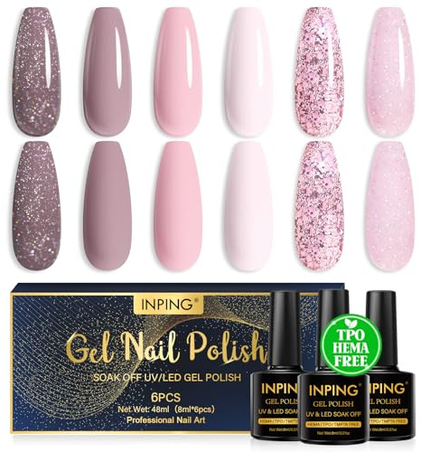 INPING UV Nagellack, HEMA-FREE TPO-FREE, 6 Farben Nude Rosa Lila Glitzer Gel Nägel Soak-Off UV/LED Nail Polish für Anfänger DIY Nail Art Maniküre Salon, Ideal Geschenk für Frauen, 8ML