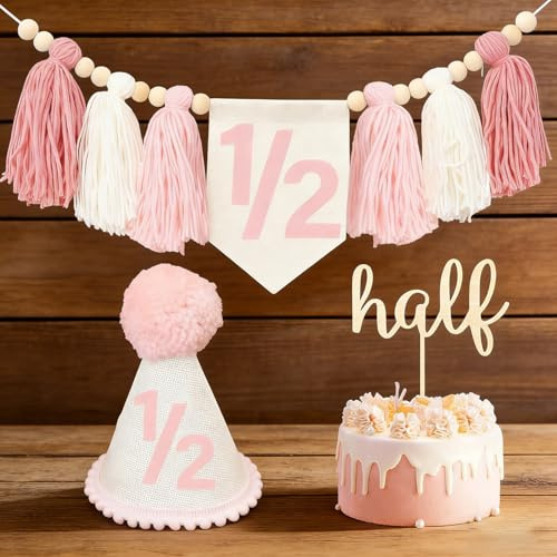Birthday Boy Half Birthday Decorations High Chair Banner, 6 Month Tassel Wood Bead Highchair Garland Blue (Half Pink)