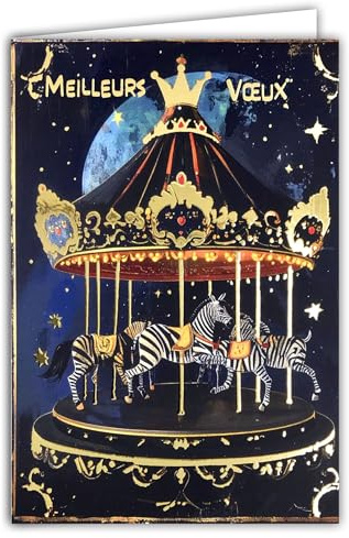 61-5857 Carte Meilleurs Vœux Bonne Nouvelle Année + Enveloppe Blanche 12x17,5cm Manège en Or Doré Brillant Zèbres Animaux Afrique Des rêves plein la tête des étoiles plein les yeux -Fabriqué en France