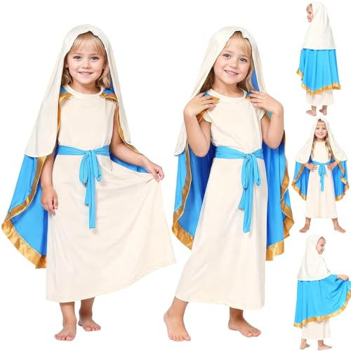 Costume de Berger Médiéval pour Fille, Tenue de Foire Historique, Déguisement Saint Joseph Enfant, Comprend Foulard, Tunique, Châle, Ceinture, Costumes de Noël et Nouvel An pour Fêtes & Carnaval