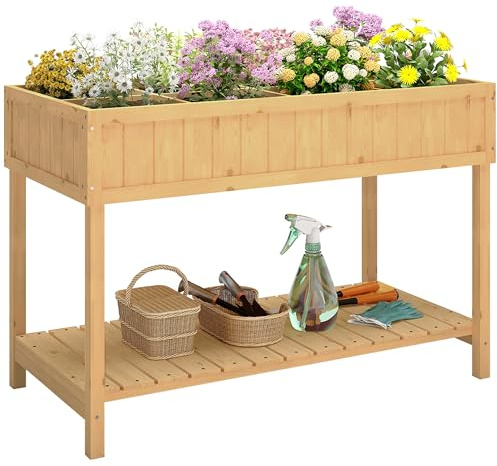 Outsunny Huerto Urbano de Madera, Mesa de Cultivo con Estante Inferior, Jardinera Elevada para Cultivo, Plantas, Flores y Verduras, 110x46x76 cm, Natural