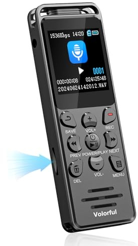 70H Grabadora de Voz Profesional Digital Portátil Volorful | Compatible con Tarjetas de Memoria, 16GB de Memoria Integrada, 1,44 Pantalla Color, Activación por Voz, USB C