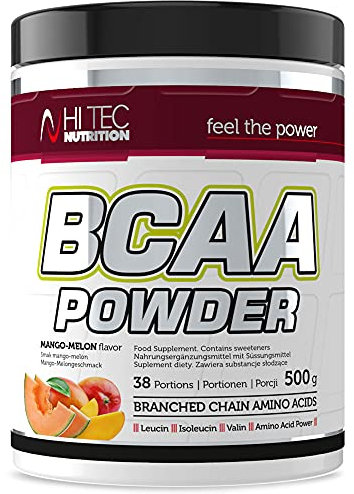 HI TEC NUTRITION BCAA Pulver mit Vitamin B - Aminosäuren Pulver Regeneration nach Training - Nahrungsergänzungsmittel Pulver 500g für 38 Portionen - BCAA Drink Mango und Melone