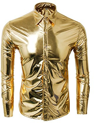 CUSFULL Mode Hommes Longues Chemises Bling Brillant Slim Button Manches Fit Costume Parfait pour Party Disco Discothèque Dancing Halloween Cosplay (M, doré)