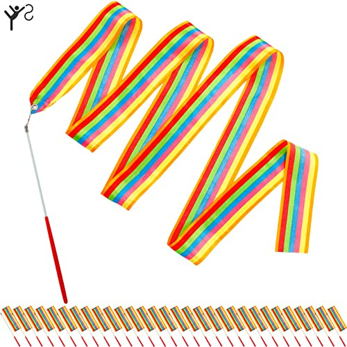 Deekin 30 Pieces Gymnastics Wands Dancing Dance Ribbons Streamers 6.6 Feet Artistic Rainbow Twirling Ribbons for Gymnastics Party Favors with Non Slip Handle