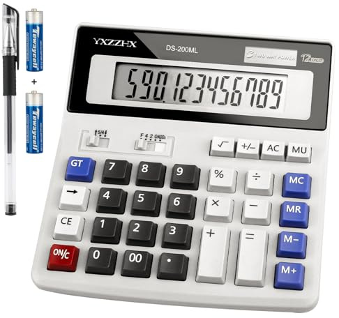 Desk Calculator 12 Digit Extra Large 4.3-Inch LCD Display, Two Way Power Battery and Solar Calculators Desktop, Big Buttons Easy to Press Used as Office Calculators for Desk White