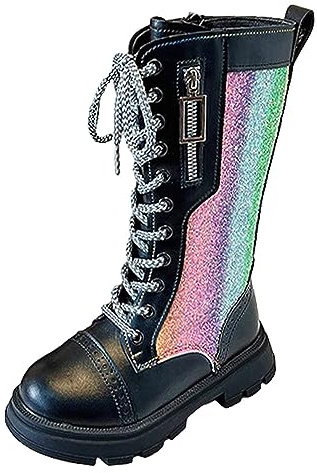 rismart Fille Genou Bottes d'équitation Brillant Noir Latérale Fermeture à glissière Lacets Haute Bottes Mode pour Enfants, 34 EU